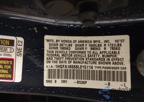 2008 Honda Civic Lx from USA, damaged, VIN 1HGFA16568L015114